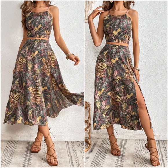 Boho Floral Tropical Print Crop Top Midi Skirt Set - Picture 3 of 3